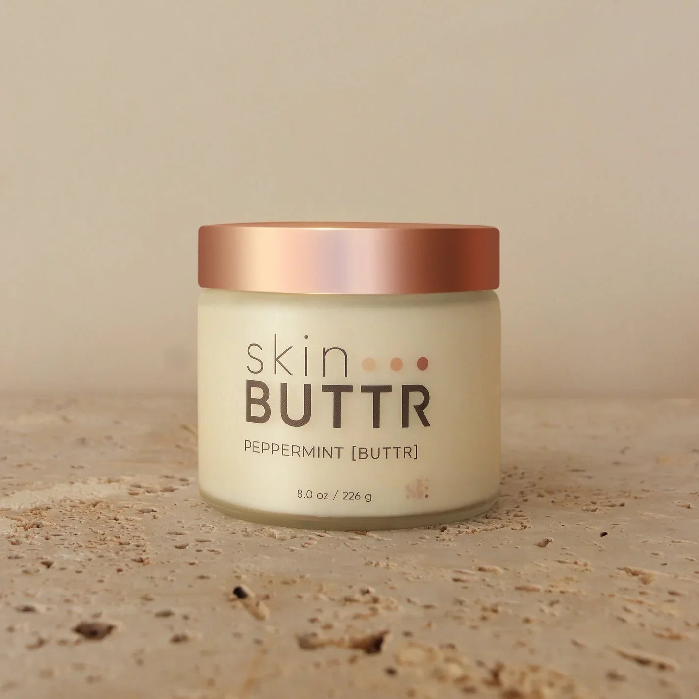 Jar of Peppermint BUTTR – natural body lotion with shea
Whipped texture – non toxic body lotion for dry skin
Glow on skin – best natural body lotion with shimmer
Peppermint BUTTR flatlay – natural lotion in open jar