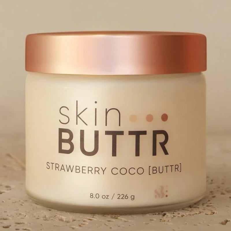 Strawberry Coconut BUTTR in clear glass jar – natural body lotion shea-based
Whipped texture of strawberry body butter – best natural lotion for women
Strawberry Coconut BUTTR with scrub duo – tropical skincare set
Skin glowing with Strawberry Coconut BUTTR – non toxic body moisturizer