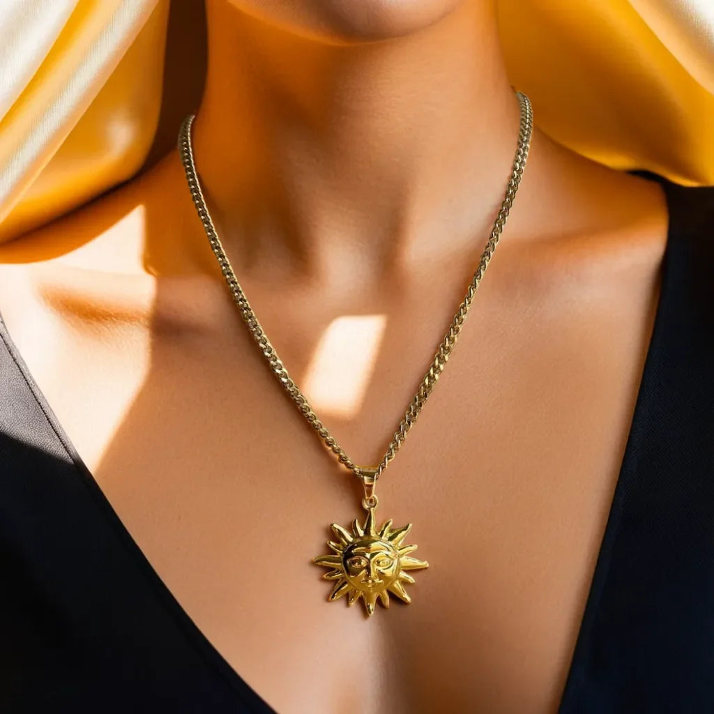 Gold Sun Necklace – Collier Soleil Mystique | Radiance Noire
Celestial gold sun necklace with 18k gold plating and adjustable chain. A radiant symbol of light, energy, and personal strength—perfect for everyday elegance.
Gold sun necklace for women
Collier pendentif soleil plaqué or
Celestial gold charm necklace
Radiant gold sun jewelry