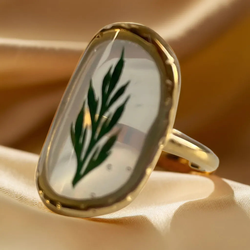Bague Mist & Moss – Fleur Pressée et Feuille Plaquée Or 18k (Ajustable)