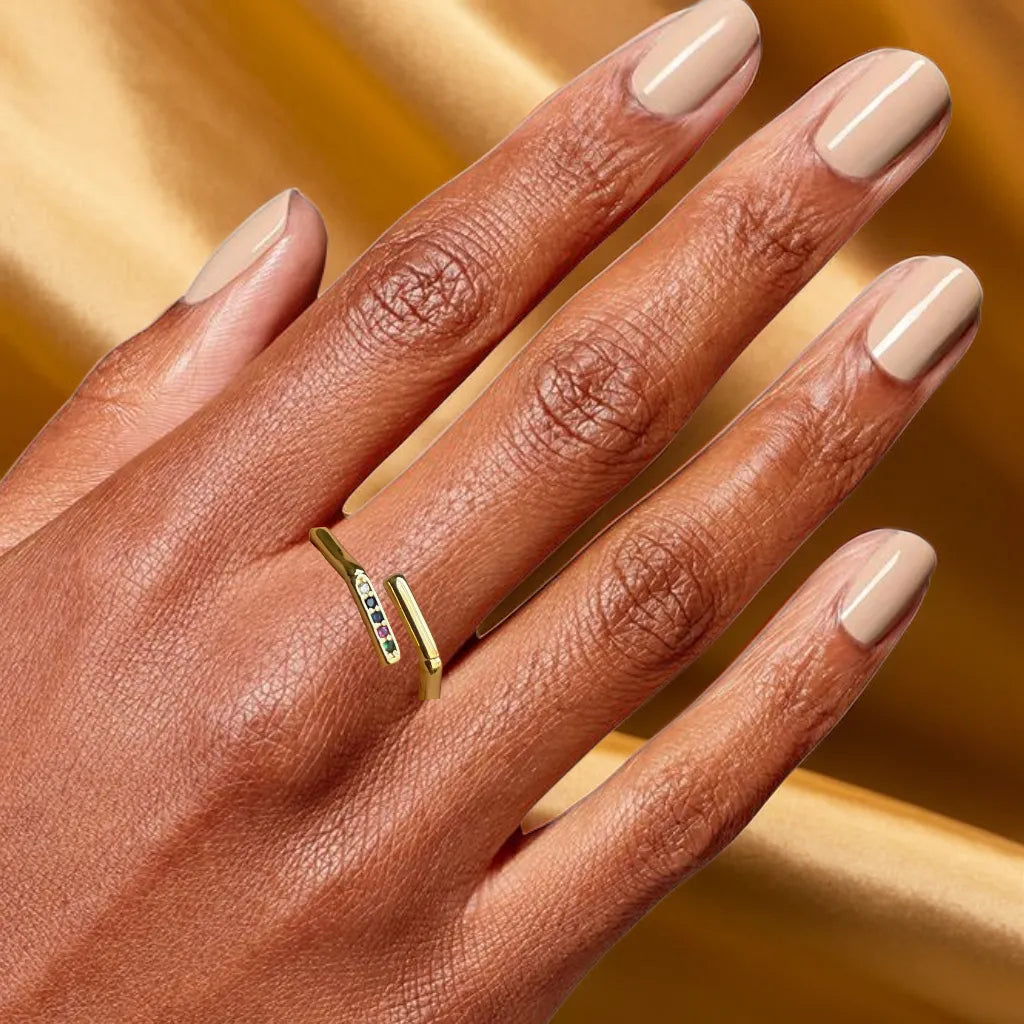 colorful octagon gold ring for woman
18k gold plated octagon gemstone ring
adjustable rainbow gemstone ring close up
multicolor statement ring for women