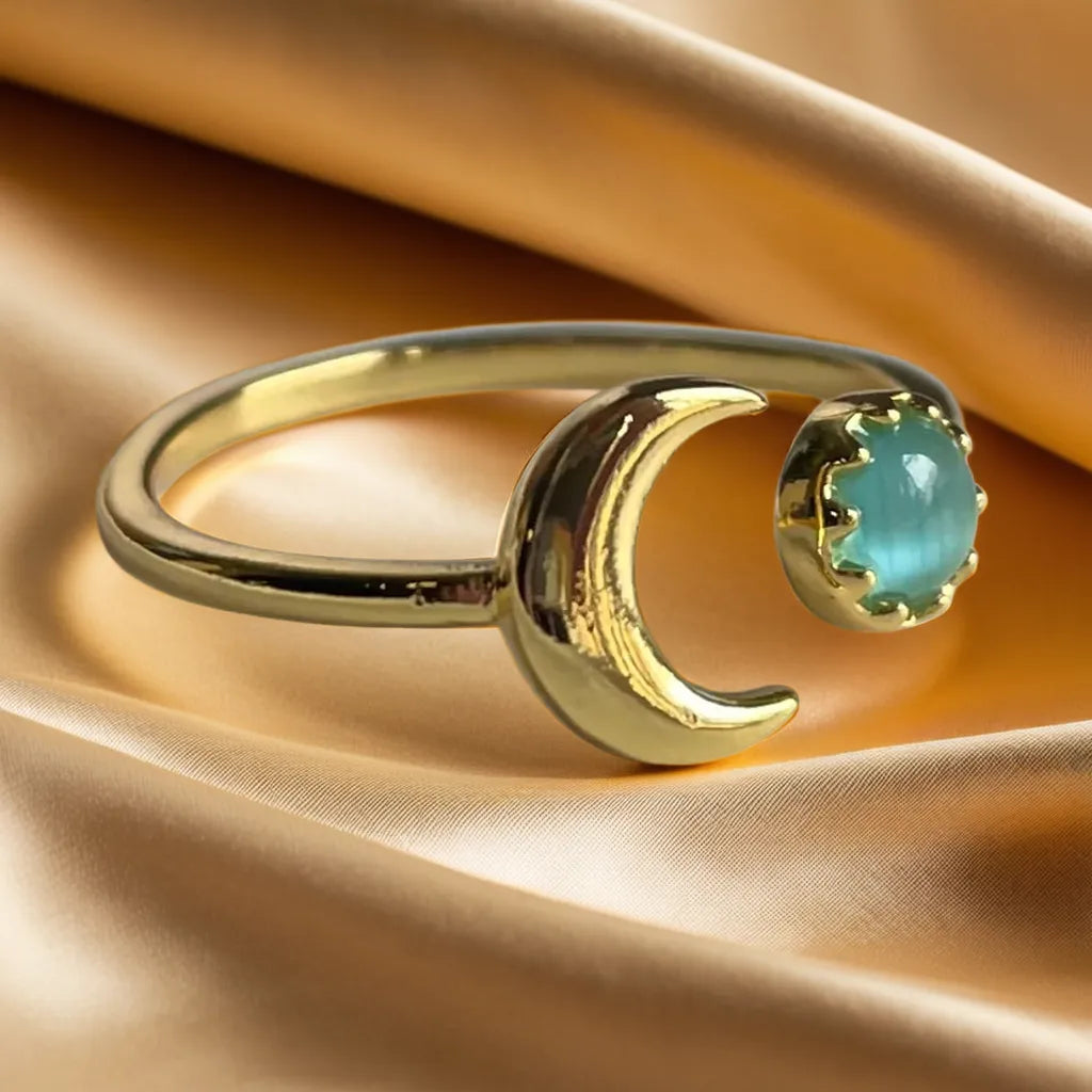 Bague Lune et Opale – Plaquée Or 18k (Ajustable)