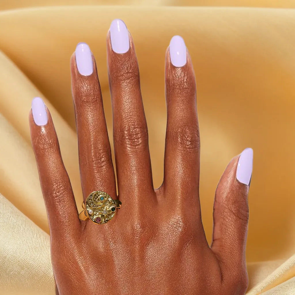 “Bague Étoilée Stardust Bloom – women’s gold plated ring, front view”
“Celestial inspired gold ring for women – side profile”
“Stardust Bloom 18k gold plated ring – flat lay on neutral background”
“Elegant women’s gold plated ring – worn on hand, lifestyle photo