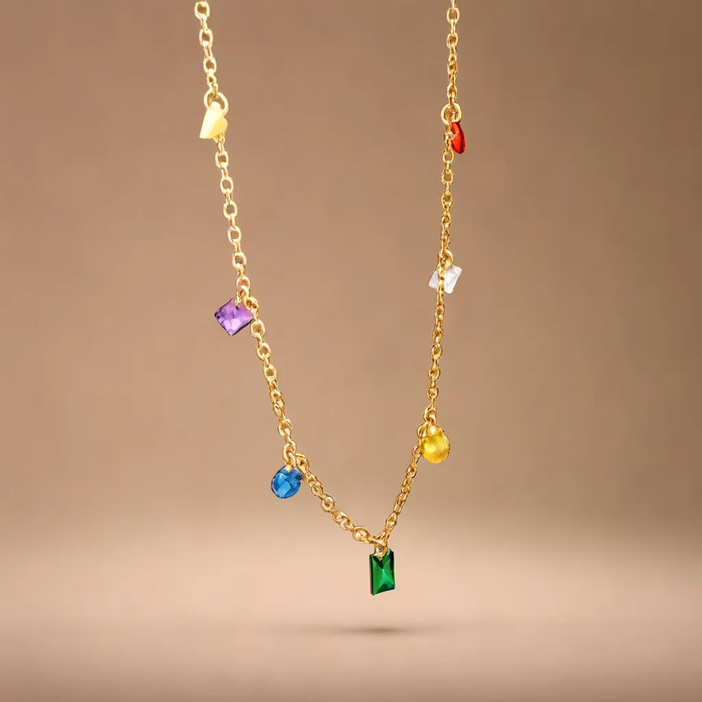 Collier Arc-en-Ciel Élégant – Rainbow Crystal Necklace
Dazzling 18K gold-plated rainbow crystal necklace. Lightweight, radiant, and inspired by Parisian sunsets. A colorful French-inspired treasure.