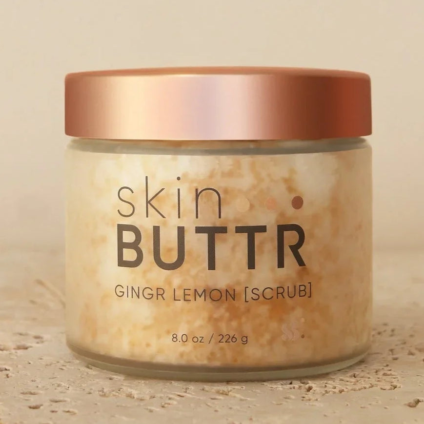 Ginger Lemon Scrub in jar – exfoliating body scrub for women
Texture of Ginger Lemon Scrub – natural sugar body polish
Applying Ginger Lemon Scrub on skin – soft glowing skin exfoliant
Ingredients beside product – lemon, ginger, natural body scrub