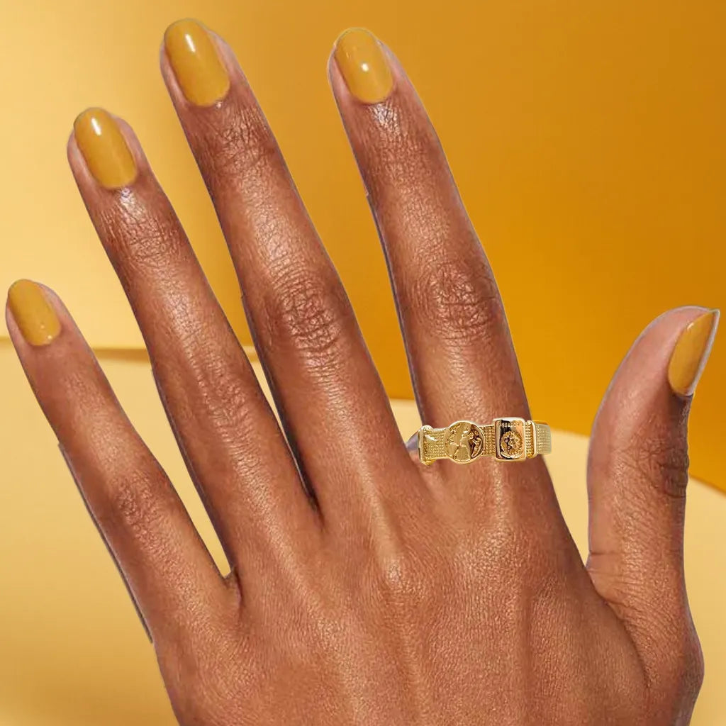 Women Gold Ring – Anneau Voyageur by Radiance Noire
Celebrate your journey with this women gold ring. Shop Anneau Voyageur—engraved, elegant, and water-resistant. A golden ode to dreamers & travelers.
Women gold ring flat lay with travel-themed engravings
Close-up of gold band ring womens with passport and globe motifs
Model wearing women gold ring showing engraved travel icons