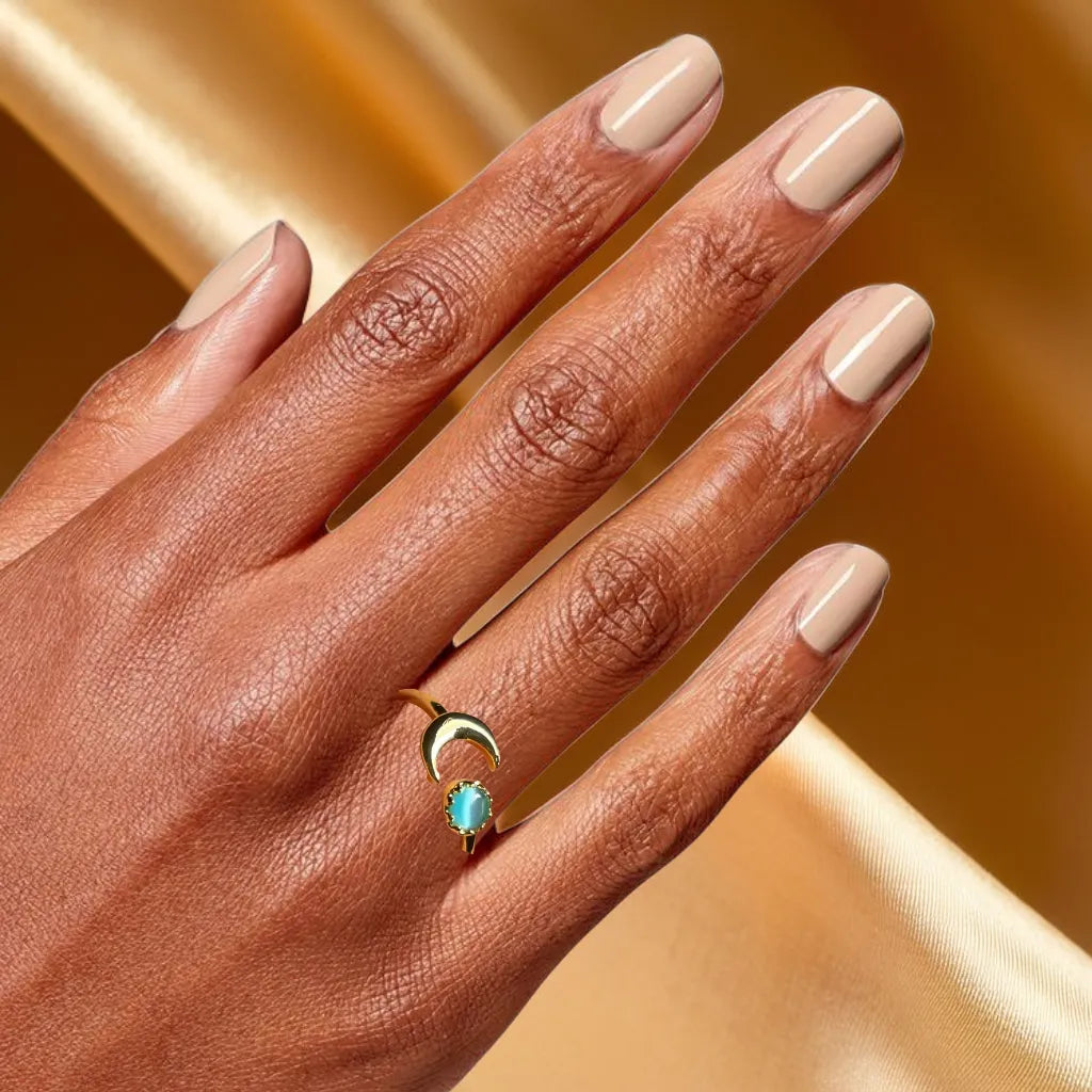 Bague Lune et Opale – Plaquée Or 18k (Ajustable)