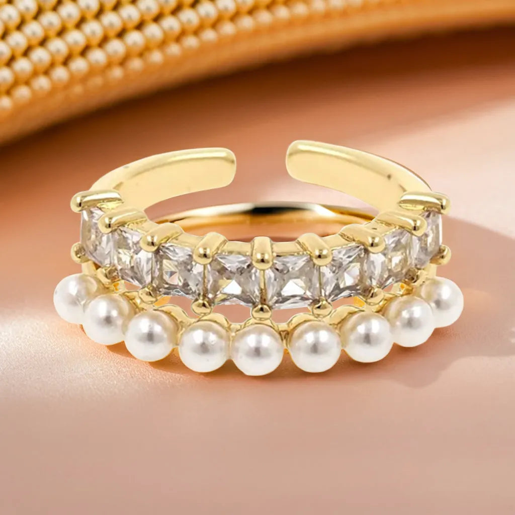 18k gold pearl CZ adjustable ring
dainty gold stackable ring for women
square gold ring with pearl
minimalist open gold ring