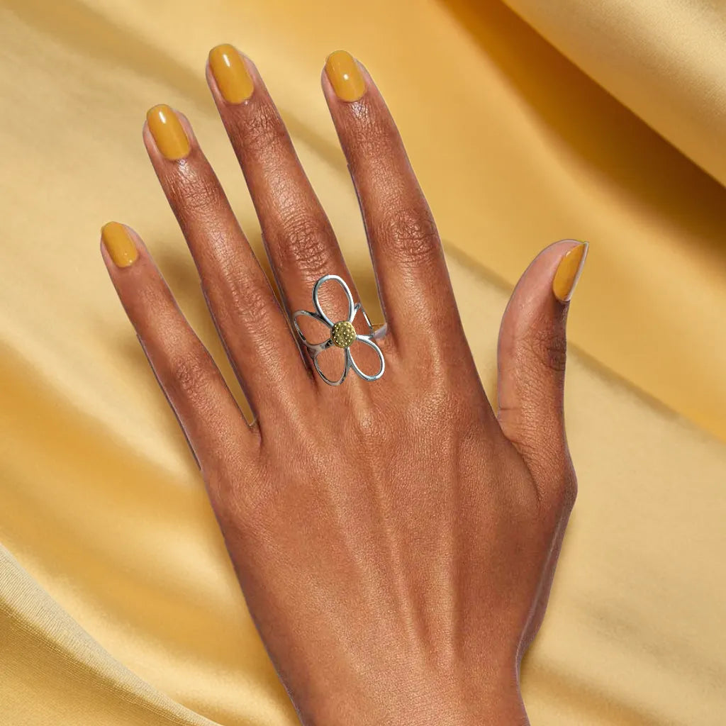 Bague Rosalie – Fleur Bicolore Plaquée Or 18k (Ajustable)