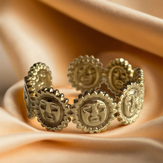 Bague Visages du Soleil – Plaqué Or 18k (Ajustable)