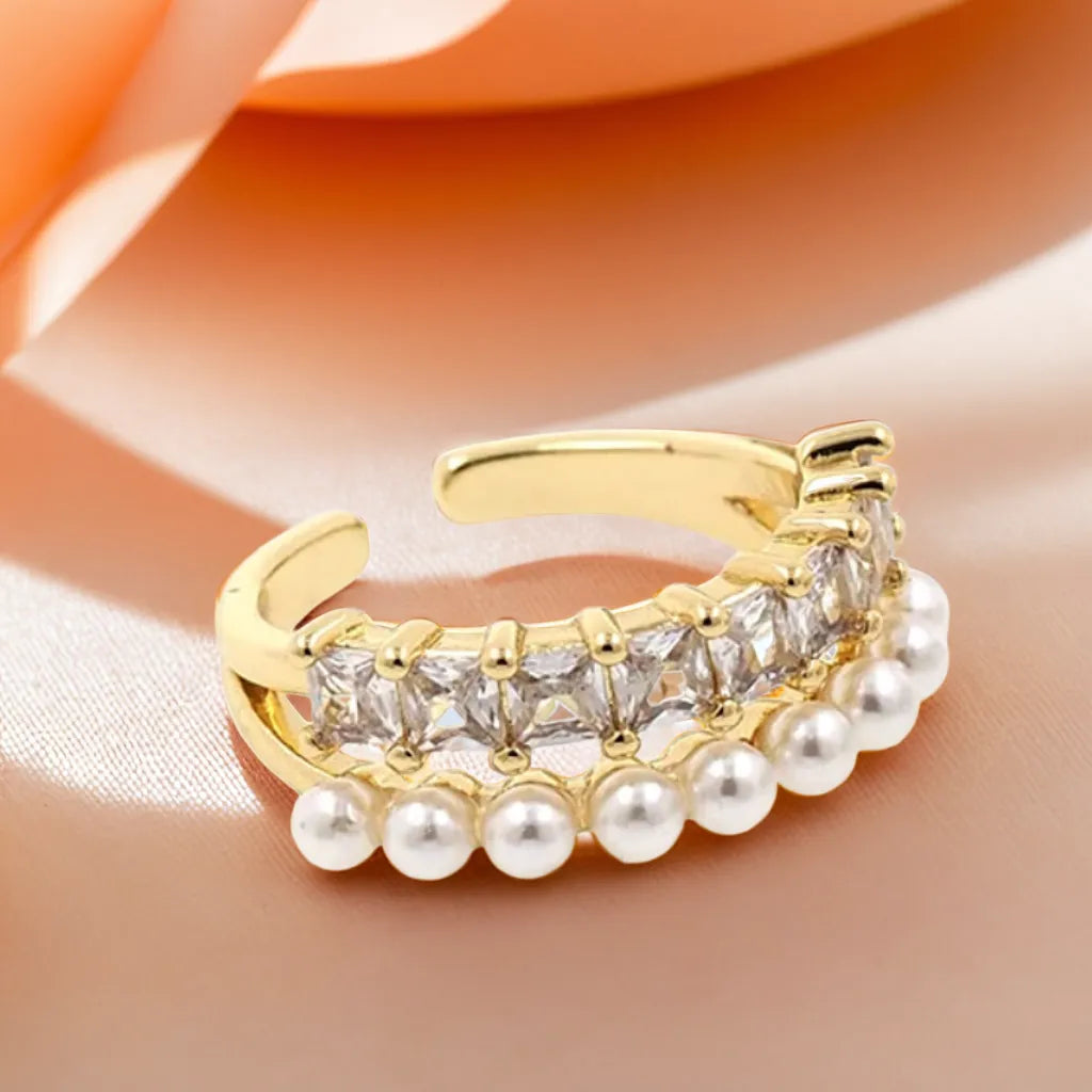 18k gold pearl CZ adjustable ring
dainty gold stackable ring for women
square gold ring with pearl
minimalist open gold ring