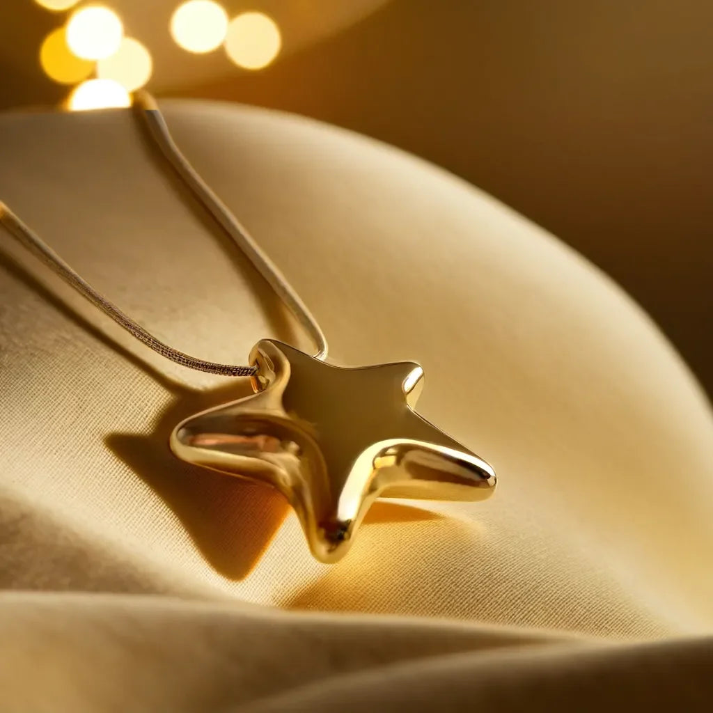 Chunky gold star necklace with bold celestial motif
Celestial necklace styled as a choker for a dramatic look
Gold star choker highlighting the radiant 18k gold plating
Chunky celestial necklace layered with other gold chains