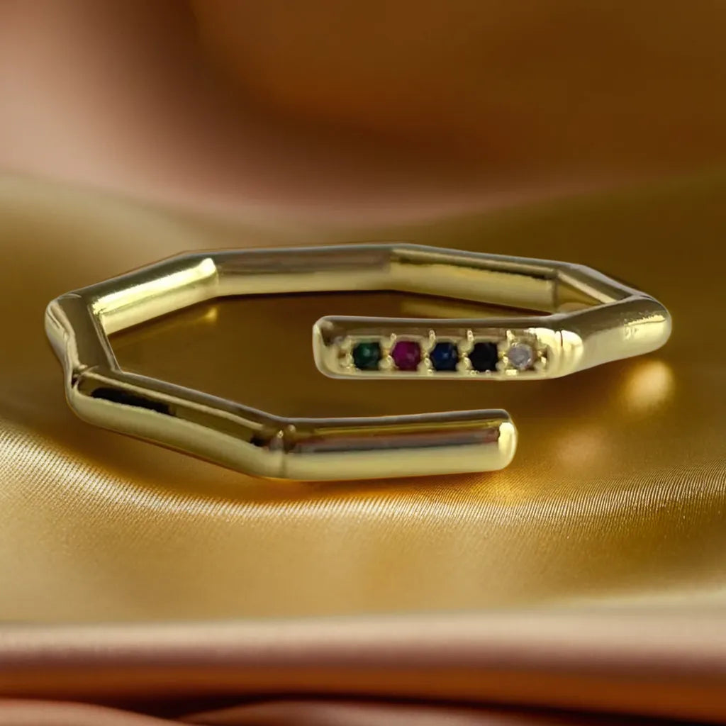 colorful octagon gold ring for woman
18k gold plated octagon gemstone ring
adjustable rainbow gemstone ring close up
multicolor statement ring for women