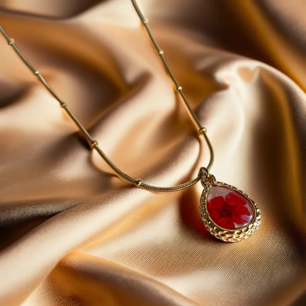 Red pressed flower gold necklace – close-up

18k gold plated women’s necklace – pendant detail

Nature-inspired gold necklace for women – adjustable chain view
