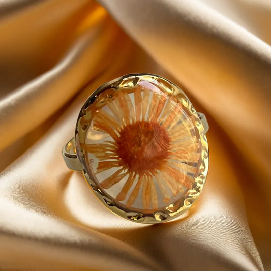 “Bague Fleur d’Orange Pressée – women’s gold plated ring with real flower, front view”

“Gold plated ring for women with orange pressed flower – side profile”

“Adjustable 18k gold plated flower ring – flat lay on neutral background”

“Unique women’s gold ring with orange pressed flower – lifestyle hand shot”
