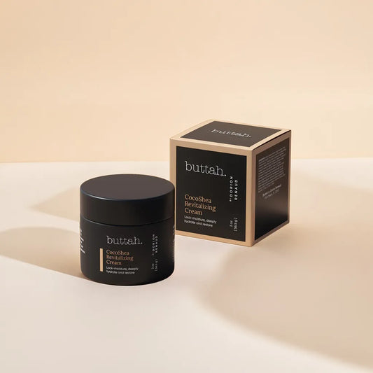 Jar of CocoShea Cream on a minimal shelf

Cream texture on fingertip, smooth and rich

Woman with melanin-rich skin applying cream to cheek

Close-up of hydrated, glowing skin after use