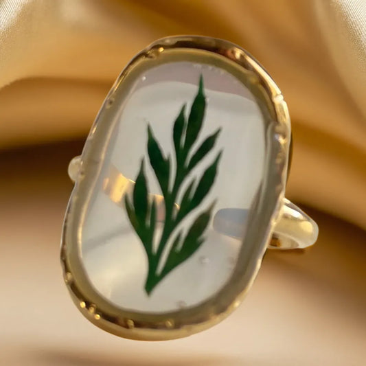 Bague Mist & Moss – Fleur Pressée et Feuille Plaquée Or 18k (Ajustable)