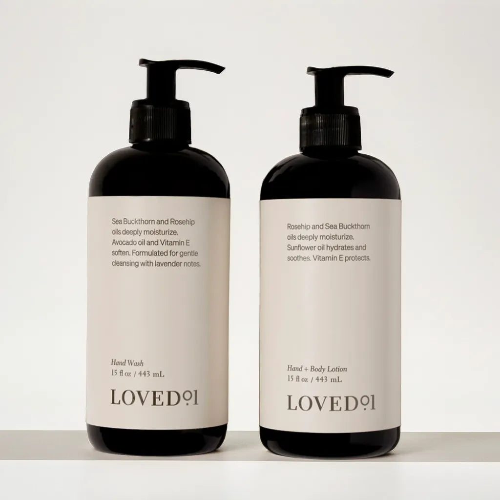 Hand Care Duo set – bottle and tube on white background
Gentle foaming hand wash – close-up of lather
Lotion being applied to hands – hydration and softness
Flat lay of duo with aloe, jojoba, and avocado ingredients