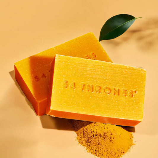 Turmeric Glow Bar – turmeric facial soap for even skin tone
Lathered bar in hand – natural face cleanser with turmeric
Soap on dish with herbs – turmeric and lavender facial soap
Close-up texture – brightening turmeric cleansing bar