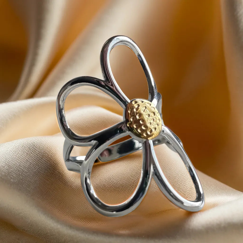 Bague Rosalie – Fleur Bicolore Plaquée Or 18k (Ajustable)