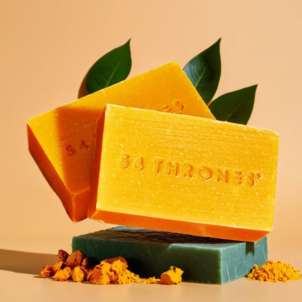 Turmeric Glow Bar – turmeric facial soap for even skin tone
Lathered bar in hand – natural face cleanser with turmeric
Soap on dish with herbs – turmeric and lavender facial soap
Close-up texture – brightening turmeric cleansing bar