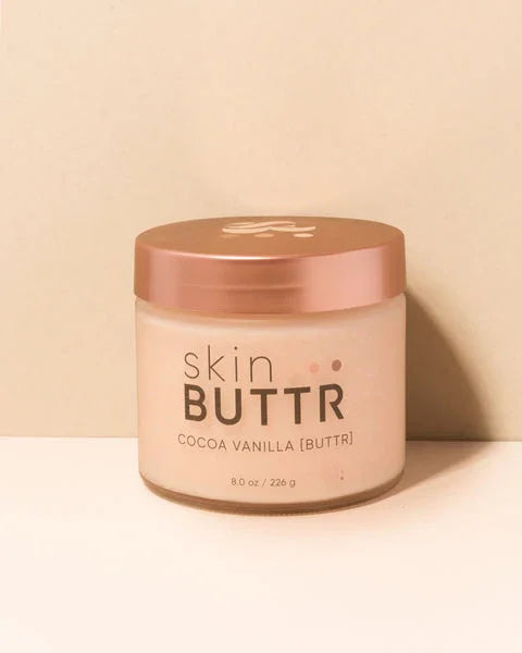 Lavender Vanilla BUTTR open jar – natural whipped body butter
Swirl of whipped butter – best body butter for women with glow finish
Lavender vanilla skin butter – non-toxic, deeply hydrating lotion
Glowing skin after application – whipped shea butter moisturizer